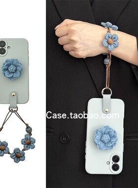 韩系小众高级感牛仔蓝玫瑰花支架17promax适用苹果16promax手机壳iphone13花朵手绳12简约15pro防摔14保护套
