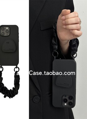 ins简约黑色软糯皮质手腕绳适用17promax苹果16promax手机壳iphone13带支架15韩风防摔12软胶14pro保护套