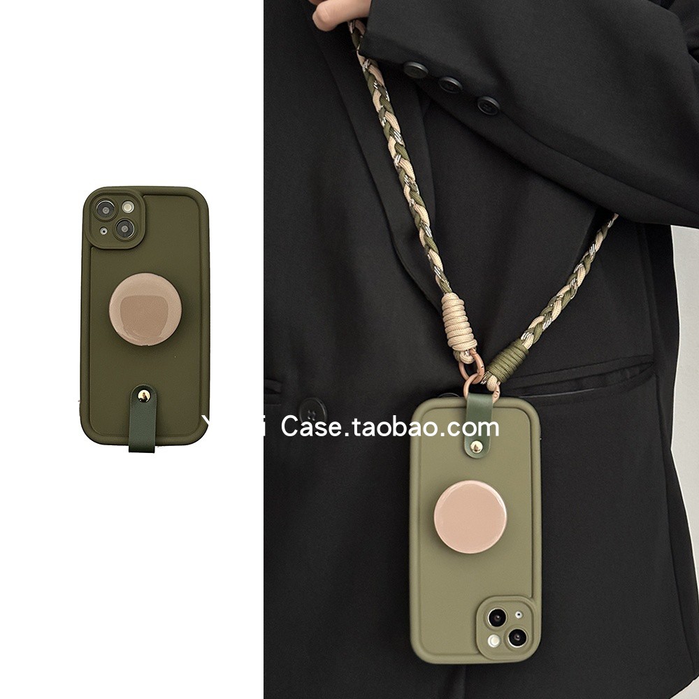 ins简约高级感军绿撞色编织三用绳16promax适用苹果17promax手机壳iphone13圆形支架15pro软胶17个性14保护套