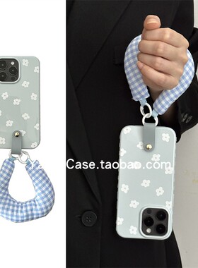 韩系清新蓝色花朵新款爱心边16promax适用苹果17promax手机壳iphone13充棉U手腕15pro防摔12全包14保护套