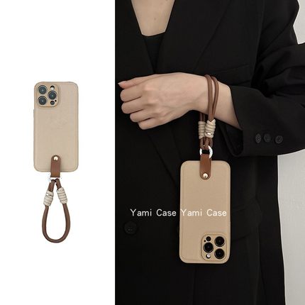 简约卡其皮质适用16苹果17promax手机壳iphone13pro大气12promax时尚防摔xsmax手拎手绳11情侣15pro保护套