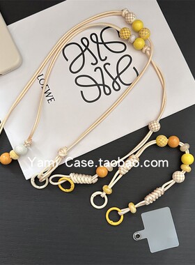 手机挂链长款斜跨可背甜美少女黄色木珠蜡绳时尚户外包链通用插片