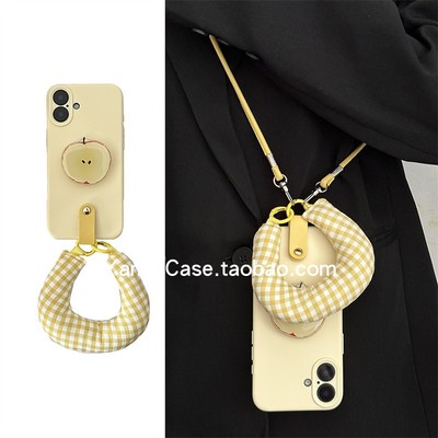甜美少女奶油黄软壳可爱苹果核支架16promax适用苹果17promax手机壳13pro便携手腕C带斜挎绳15全包14保护套