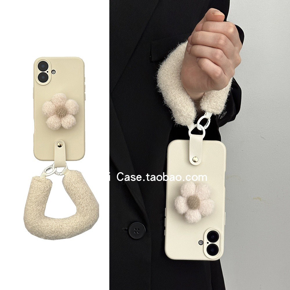 气质ins小众奶白羊羔花朵支架16promax适用苹果17promax手机壳iphone13软胶15pro毛毡手腕12小众14保护套