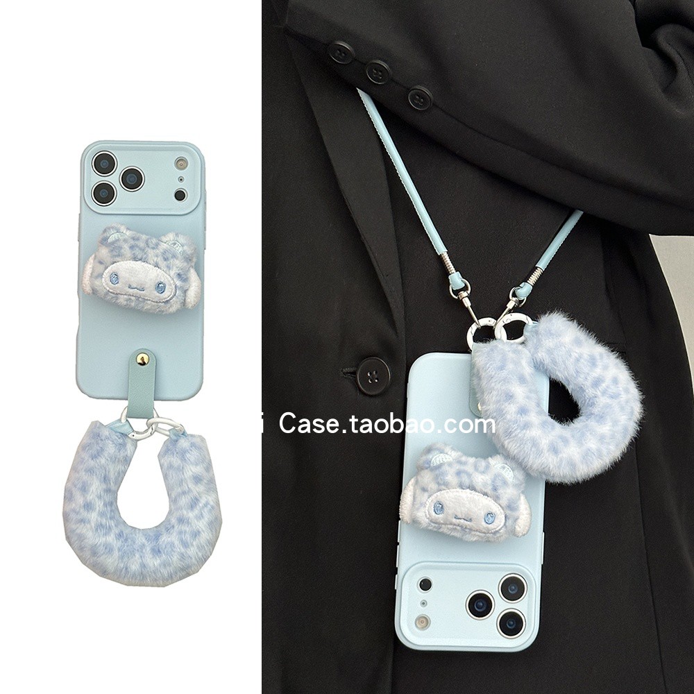 日韩ins小众卡通毛绒豹纹猫咪支架16promax适用苹果17promax手机壳iphone13软15手腕绳12防摔17全包14保护套