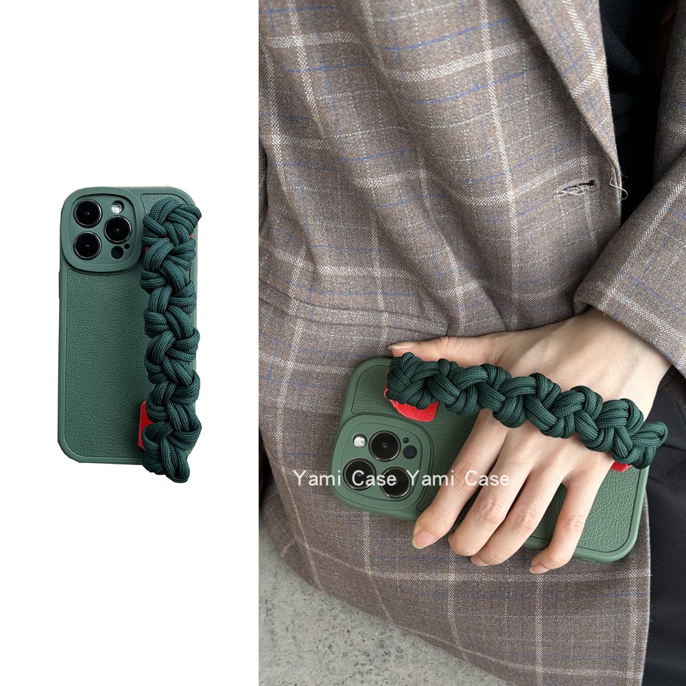 小众ins高级感祖母绿编织腕带适用苹果14promax手机壳13pro斜挎挂绳12皮11软胶xs全包7p8保护套