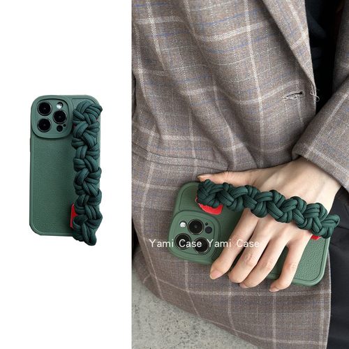 小众ins高级感祖母绿编织腕带适用苹果14promax手机壳13pro斜挎挂绳12皮11软胶xs全包7p8保护套