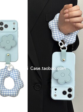 冬日氛围感韩系好看蓝色花朵手腕16promax适用苹果17promax手机壳iphone13软15皮质支架12防摔17全包14套