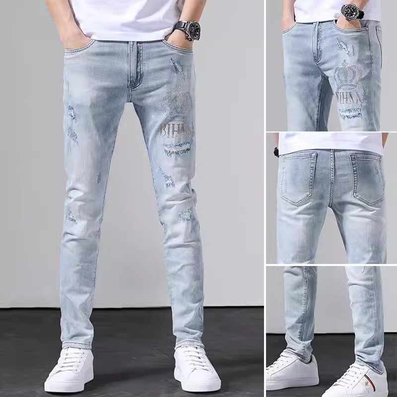 高端牛仔裤男士破洞烫钻潮流修身