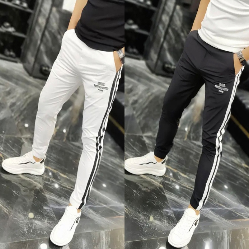 2025夏季薄款条纹运动休闲裤男修身潮流束脚九分裤刺绣速干哈伦裤