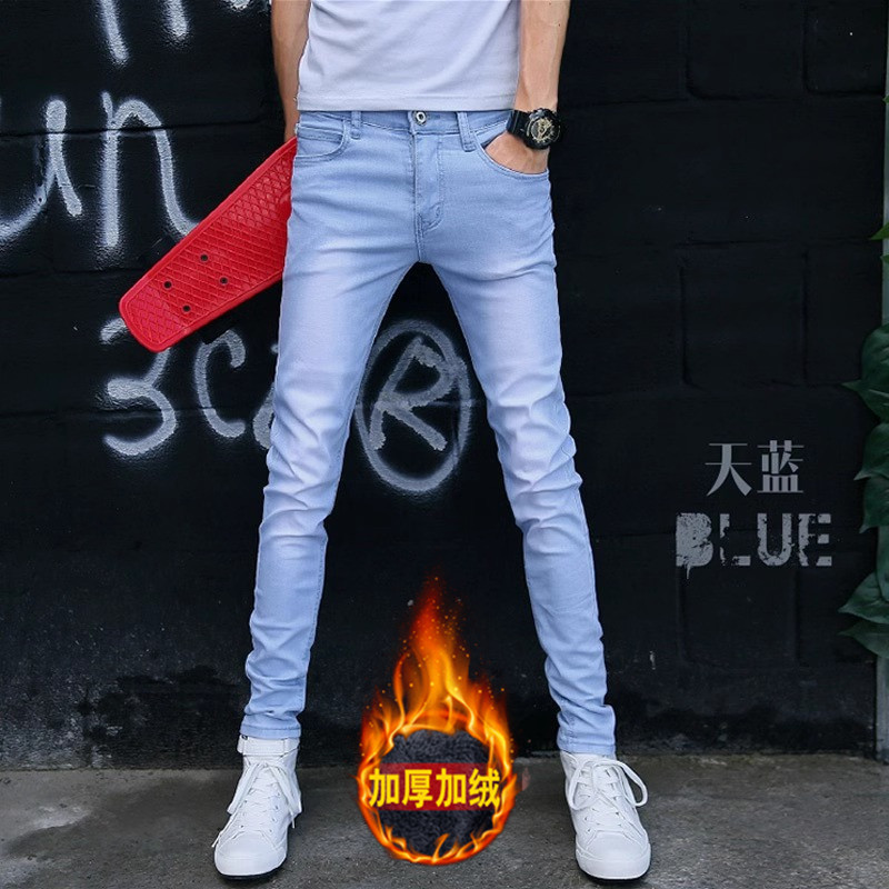 加绒加厚牛仔裤男韩版修身小脚裤