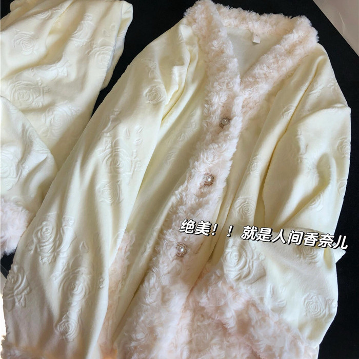 少女网红洋气德绒保暖睡衣2025新款纯色开衫长袖长裤可外穿家居服