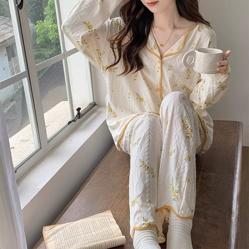 睡衣女生春秋季清新田园风薄款小V领开衫长袖长裤新款家居服套装,女士内衣/男士内衣/家居服,睡衣/家居服套装,淘宝优惠券,粉丝福利购,淘宝优惠卷