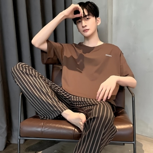 睡衣男士春秋款2025新款短袖高级感可外穿家居服套装韩版条纹长裤