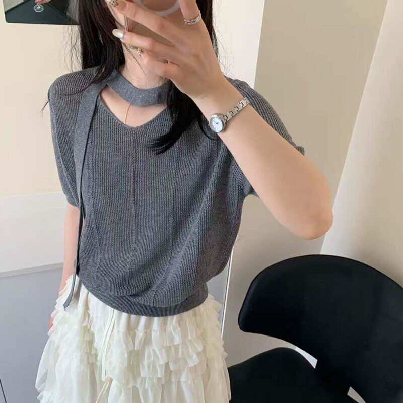 夏季新款小众设计感V领镂空飘带短袖针织女宽松显瘦薄款套头上衣