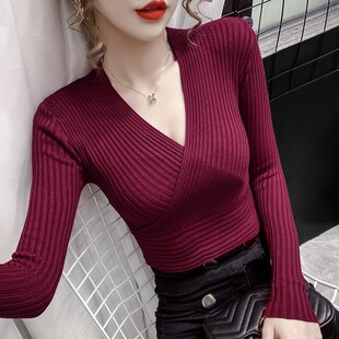 设计小众短款 春秋毛衣女性感交叉深V领修身 针织衫 打底衫 上衣 长袖