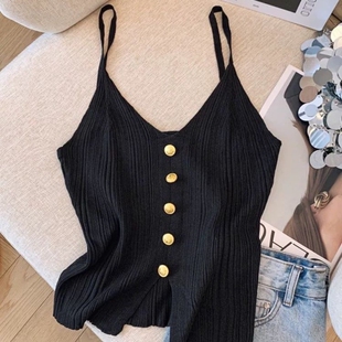 黑色上衣 高级感轻熟风无袖 法式 小香风v领冰丝针织吊带背心女夏季