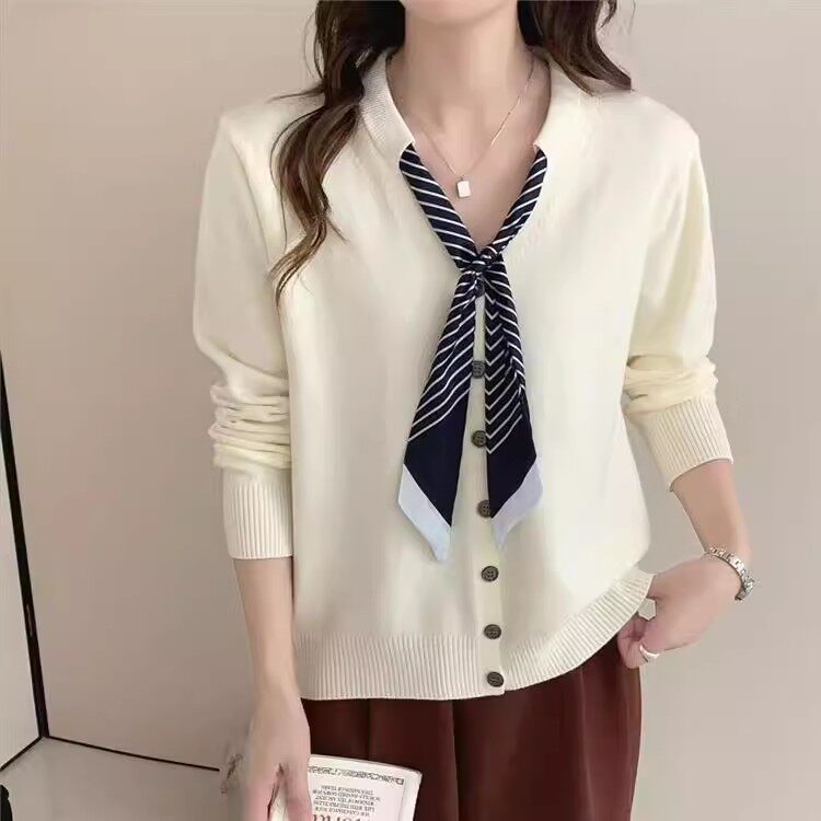 春秋新款时尚百搭V领长袖针织丝巾开衫女宽松毛衣上衣小众打底衫
