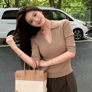 POLO领螺纹坑条套头针织衫女春秋夏五分中袖上衣修身显瘦简约气质