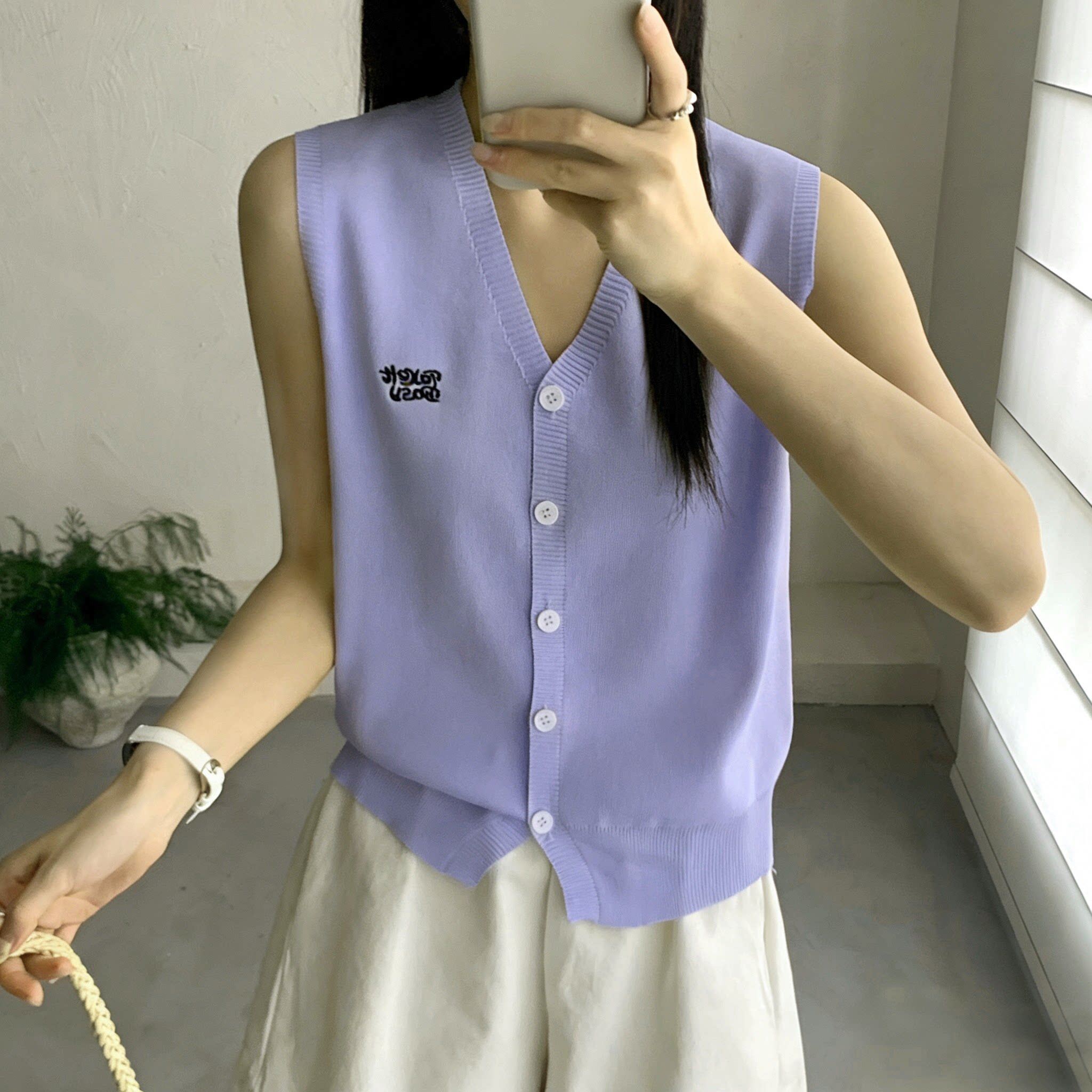 针织马甲v领单排扣外搭披肩无袖背心女春秋夏季百搭宽松上衣