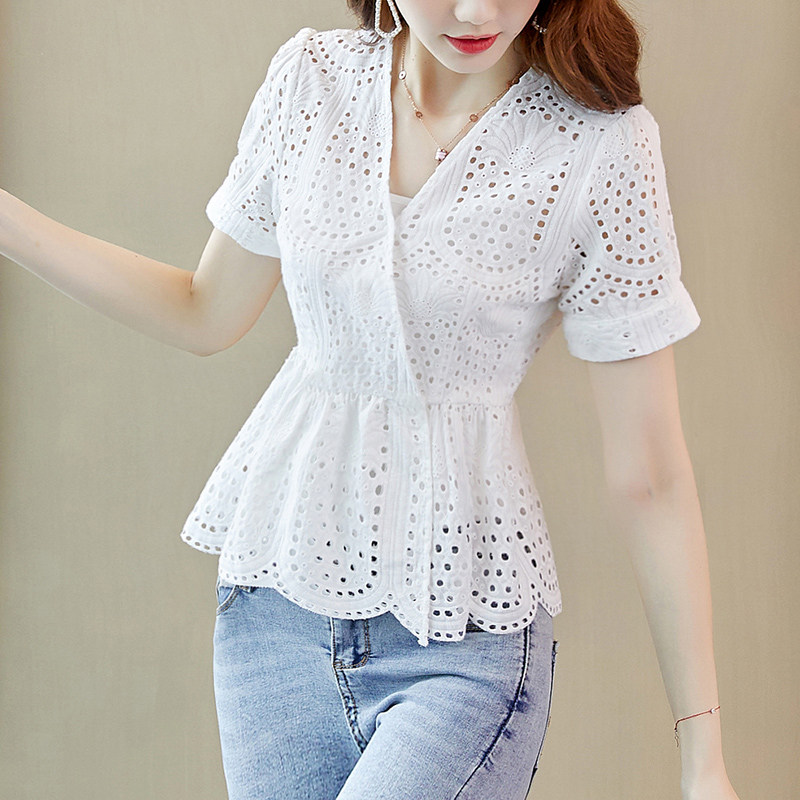 白色蕾丝衫短袖衬衫女装2020夏季新款显瘦遮肚子收腰上衣掐腰小衫