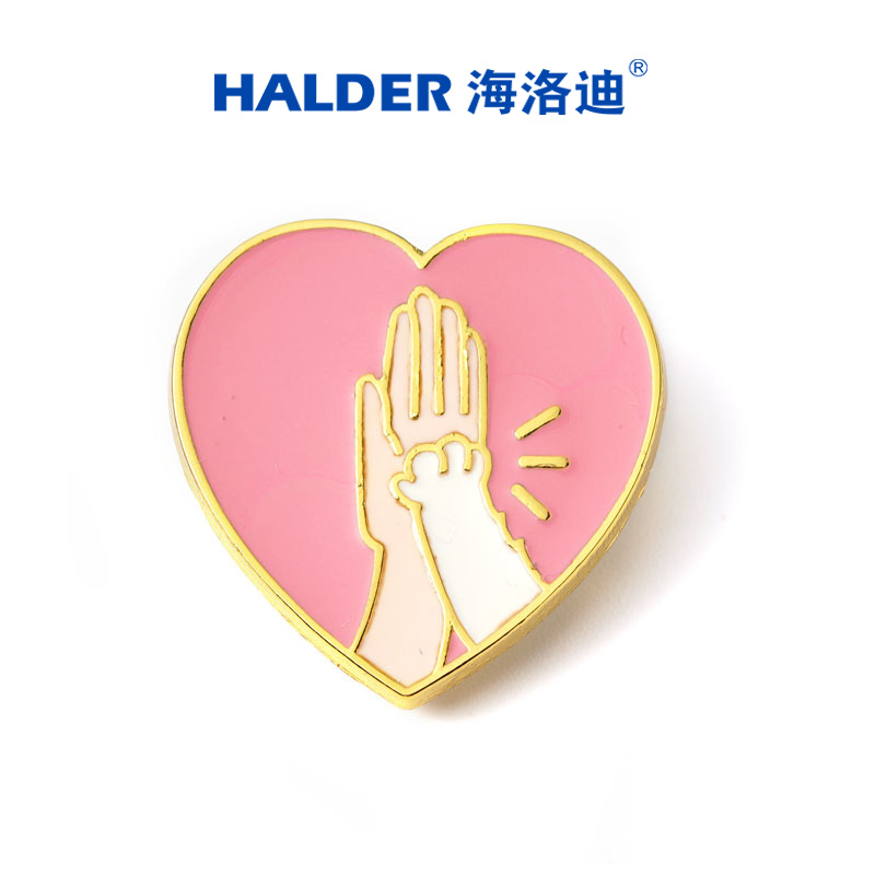海洛迪粉红爱心人与宠物猫击掌动作胸针铲屎官萌宠礼物徽章饰品