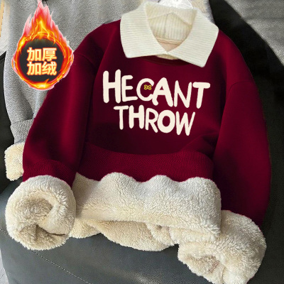 女童加绒卫衣儿童秋冬季羊羔绒加厚卫衣中大童宽松保暖外穿上衣潮