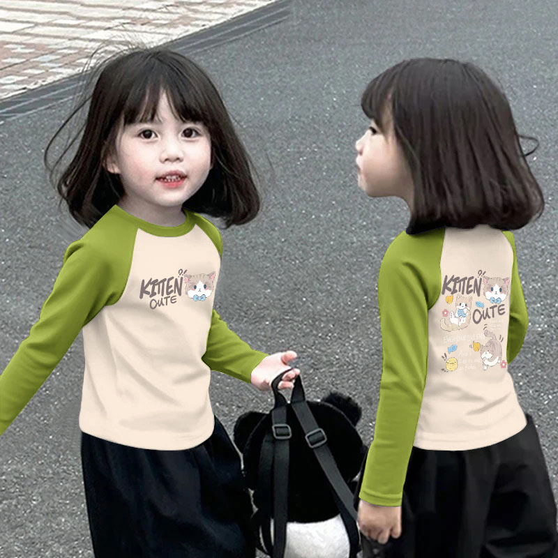 女童秋装打底衫中大童长袖春秋宽松上衣拼接拼色女孩洋气百搭T恤