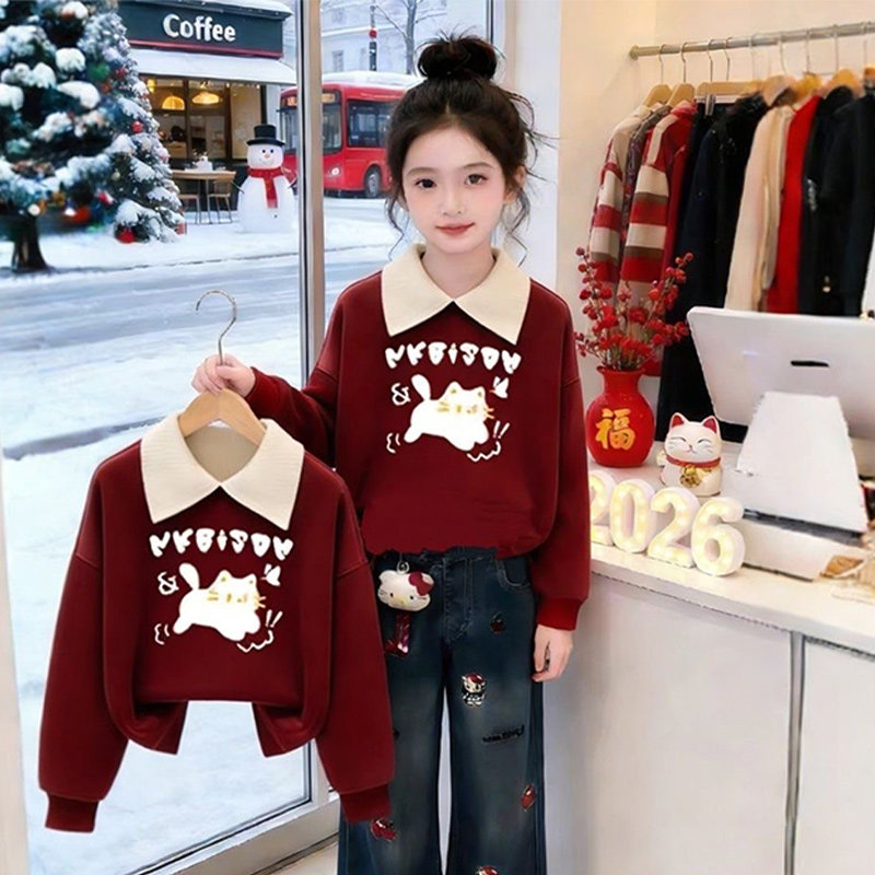 女童KT猫卫衣秋冬季2026新款儿童加绒卫衣外套女孩加厚羊羔绒冬装