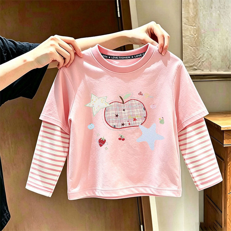 秋季纯棉女童长袖T恤儿童卡通假两件上衣女孩宝宝可爱洋气打底衫