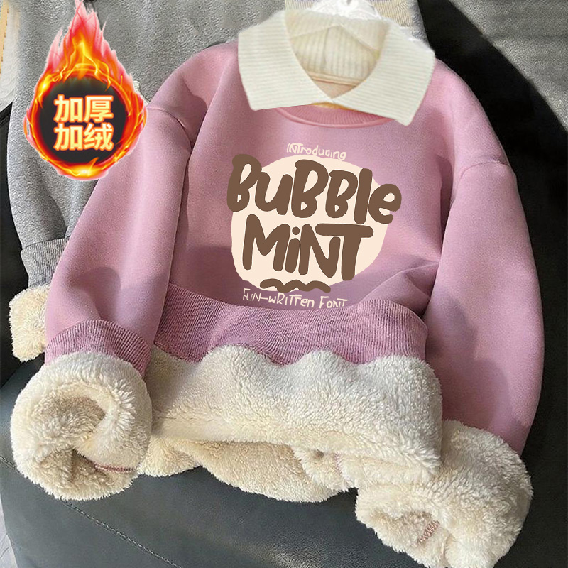 女童加绒卫衣儿童秋冬季羊羔绒加厚卫衣中大童宽松保暖外穿上衣潮