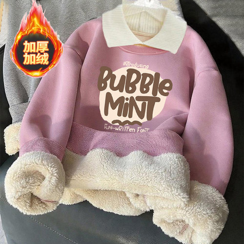 女童加绒卫衣儿童秋冬季羊羔绒加厚卫衣中大童宽松保暖外穿上衣潮