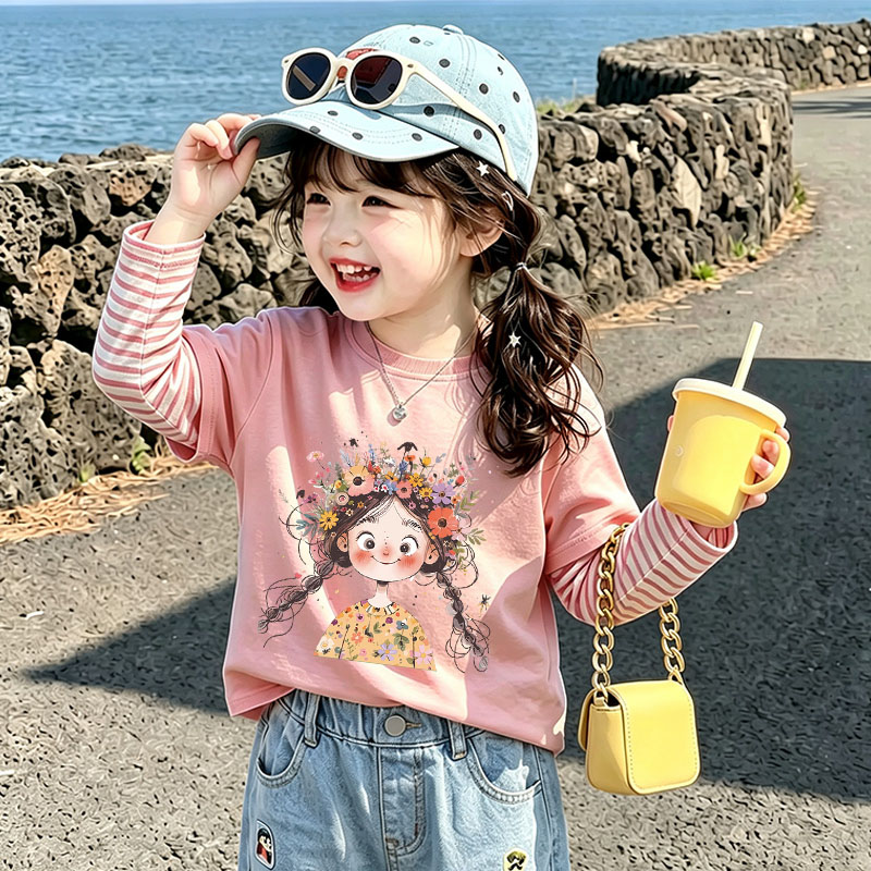 女童纯棉长袖T恤春秋新款儿童假两件条纹上衣女孩宝宝卡通打底衫