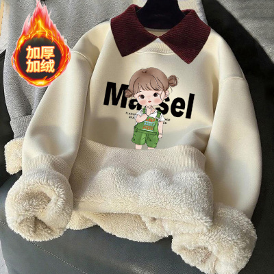 女童加绒卫衣儿童秋冬季羊羔绒加厚卫衣中大童宽松保暖外穿上衣潮