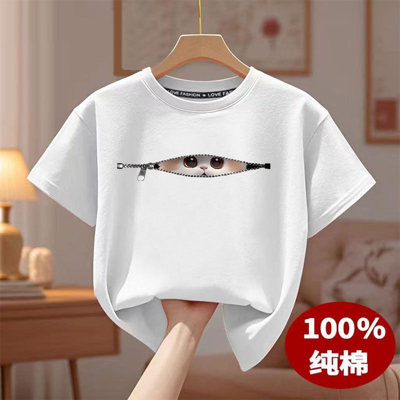 夏季新款儿童短袖纯棉T恤男女童宽松半袖上衣中大童猫咪印花短袖