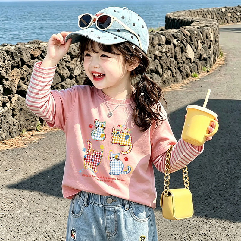 女童纯棉长袖T恤春秋新款儿童假两件条纹上衣女孩宝宝卡通打底衫