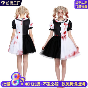 断魂小丑女款连衣裙 跨境万圣节扮演服 血迹黑白拼色小丑蓬蓬纱裙