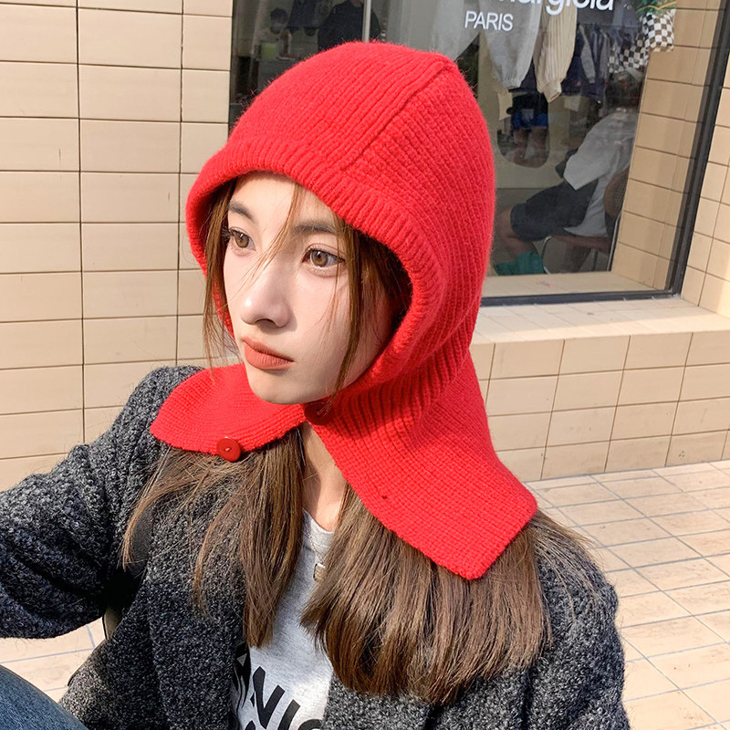 韩国帽子女冬针织巴拉克拉法帽红色套头包脸帽子围巾一体帽保暖潮