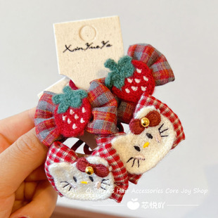 韩系卡通草莓格纹发圈儿童可爱蝴蝶结发绳高弹力不伤发皮筋女发饰