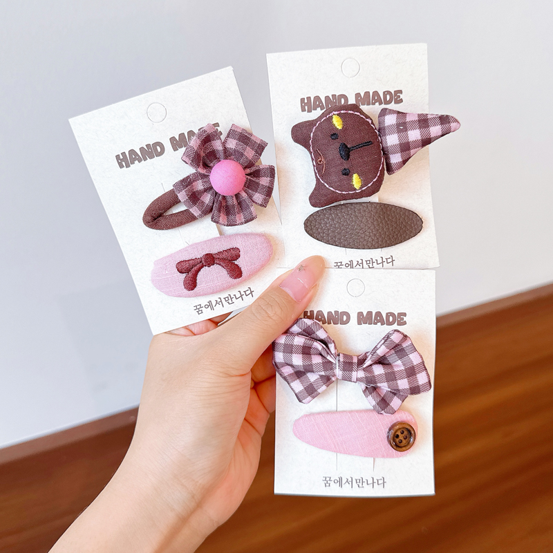 韩系蝴蝶结发夹儿童格纹小熊造型