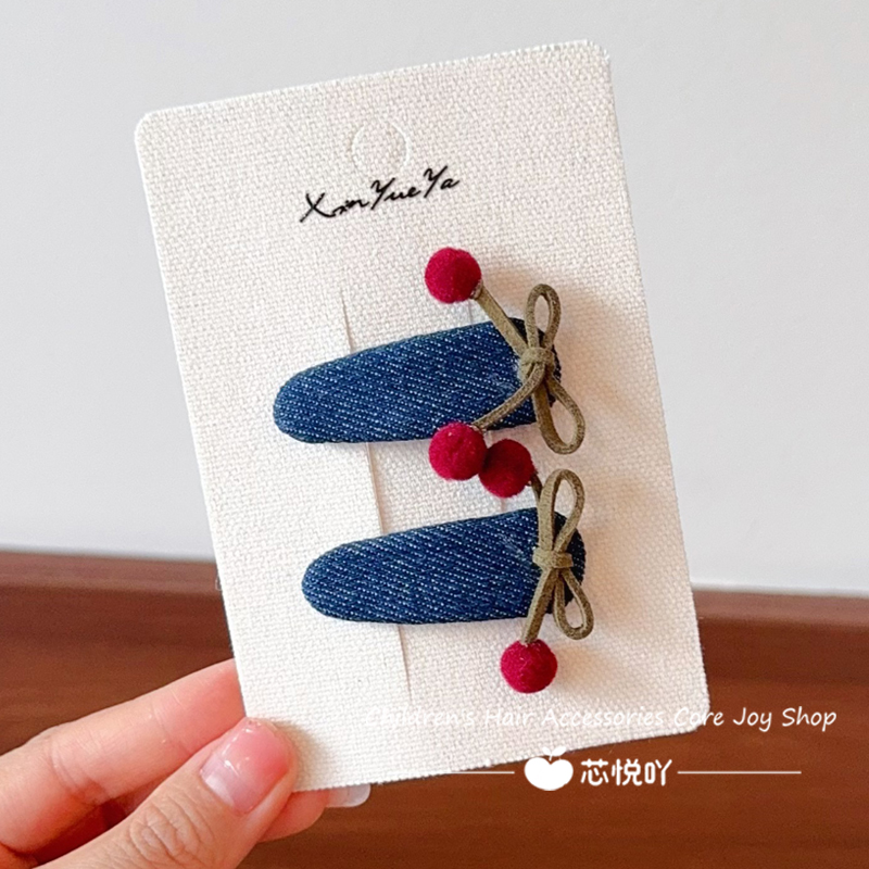 韩版牛仔蝴蝶结樱桃刘海夹可爱