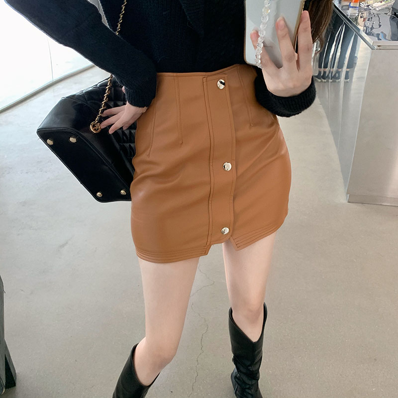 Real price! Hong Kong Style High Waisted one line leather skirt temperament women autumn 2020 new Korean half skirt 827