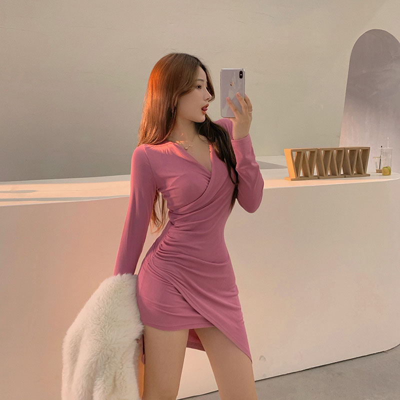 Real price! Sexy V-neck dress with slim waist and slim bottom skirt