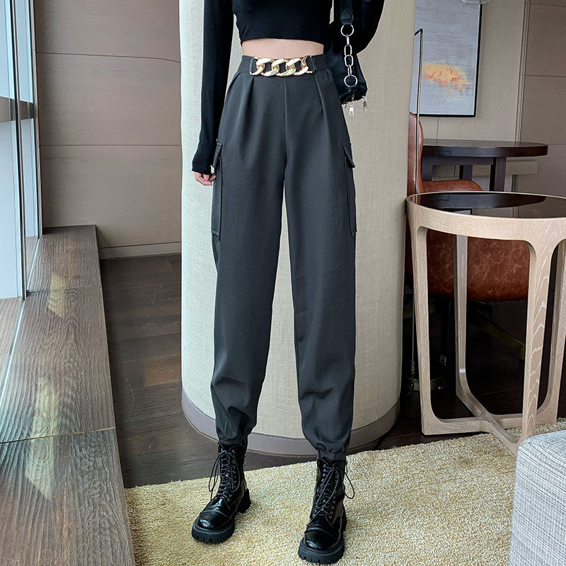 Real price! High waist shows thin design sense small workwear style binding feet Harlem casual pants women's pants