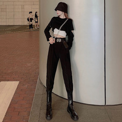 Real price! High waist casual pants women's early spring retro loose cropped suit pants show thin Harem Pants 963