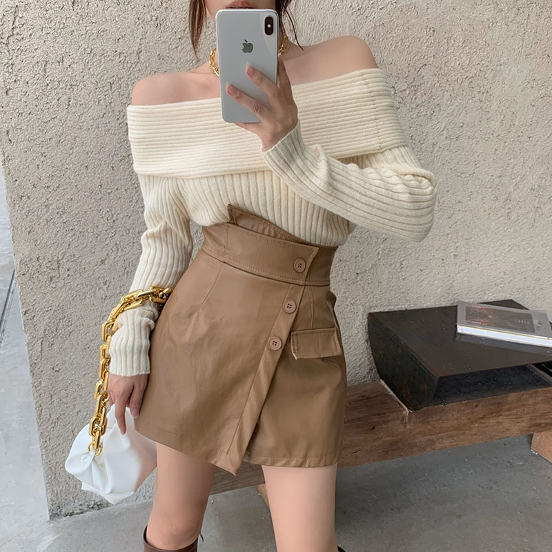 Real price! Sexy open collarbone one shoulder sweater + high waist irregular A-line leather pants skirt women's suit