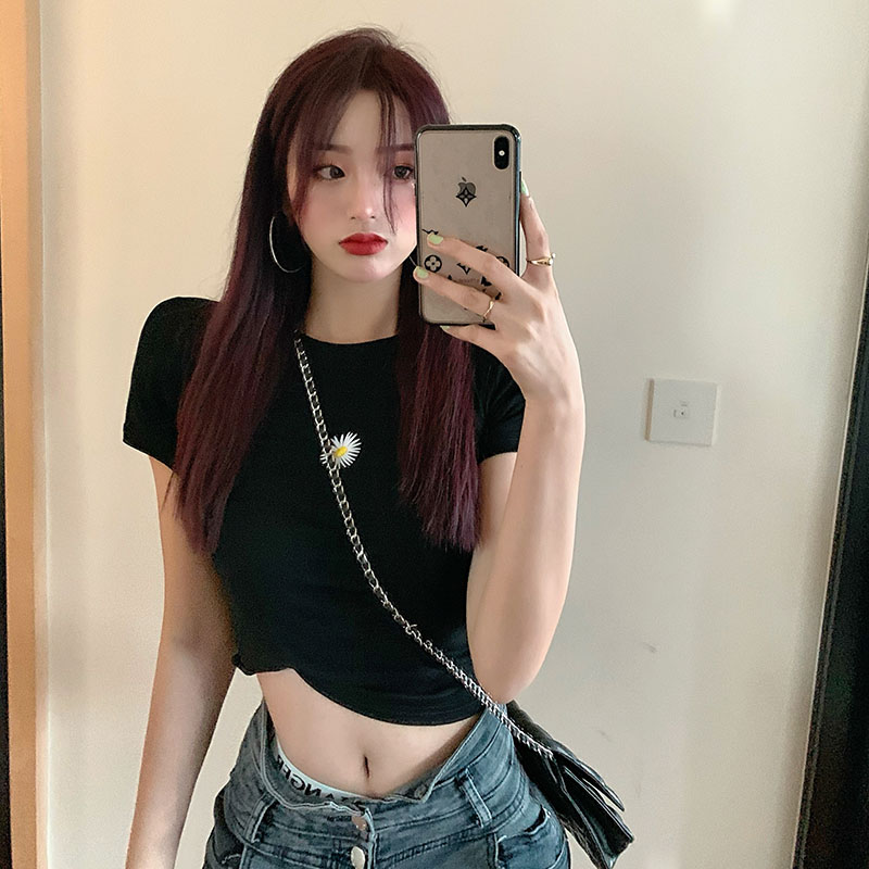 Real price! Daisy embroidered T-shirt short sleeve simple sexy high waist short bodice