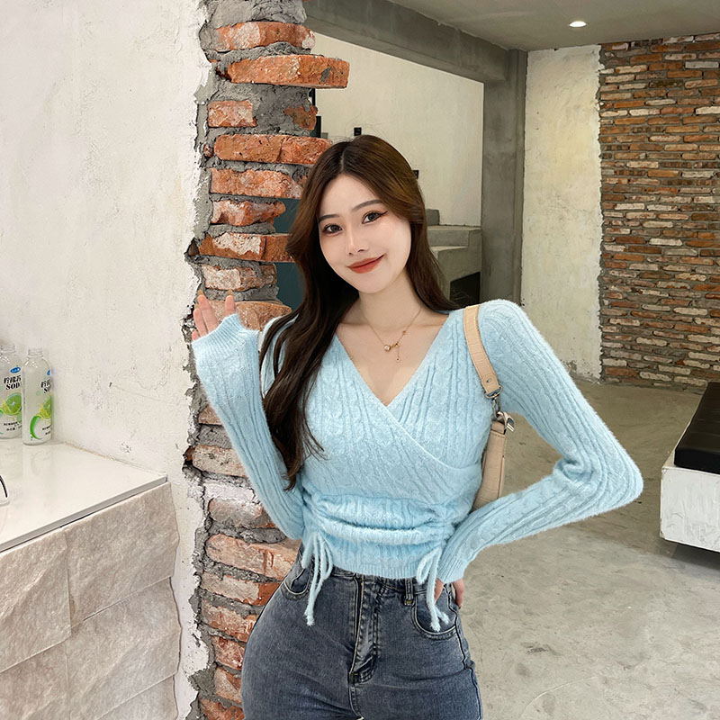 Real price! Design sense V-neck T-shirt women's careful machine drawstring waist slim long sleeve twist sweater 953