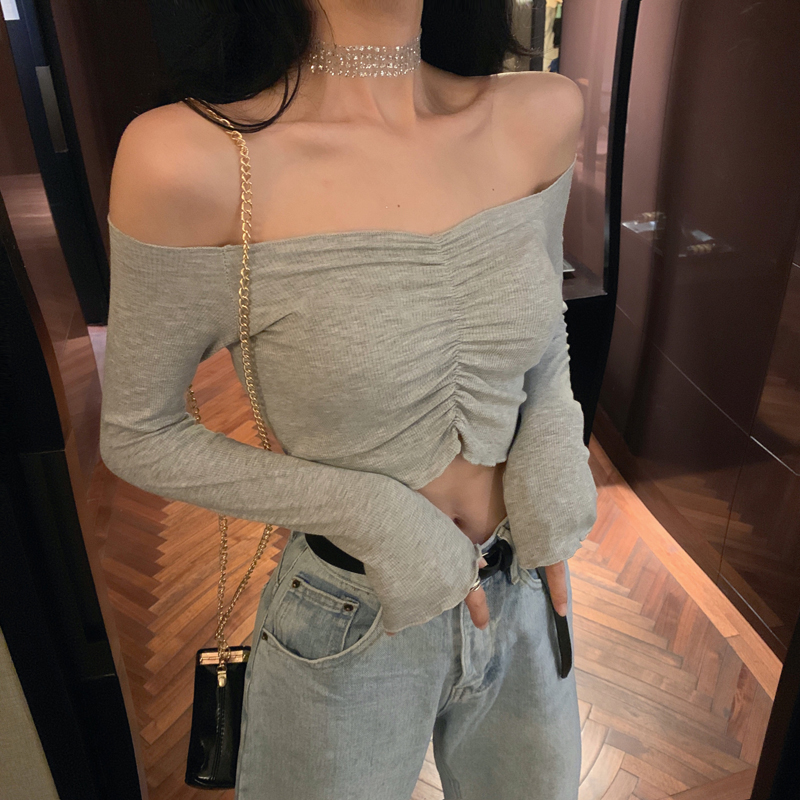 Real price! Early autumn style off shoulder pleated off shoulder long sleeve open navel short T-Shirt Top
