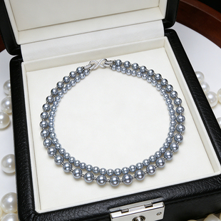 银灰真多麻双层项链仿日本Akoya珍珠正圆强光轻奢小众叠戴锁骨链